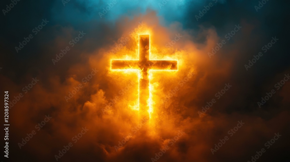 Fototapeta premium Glowing cross illuminating dark clouds with divine light