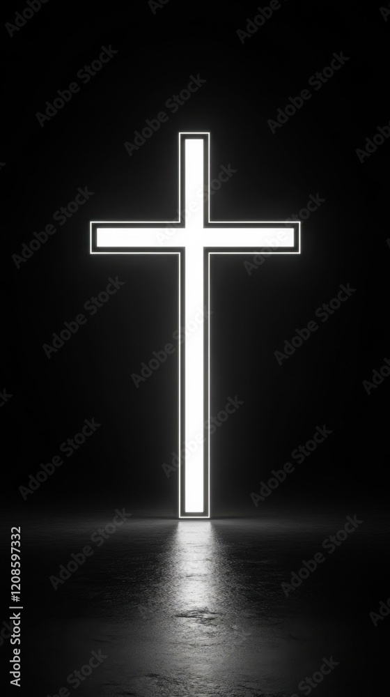 Illuminated cross radiating light in darkened space with reflection Illuminated cross radiating light in darkened space with reflection