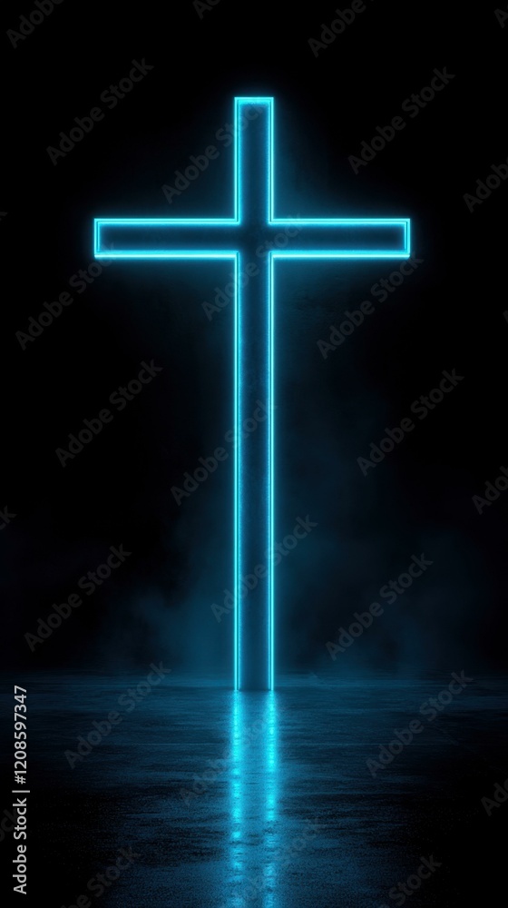 Glowing blue neon cross illuminating dark space with reflections