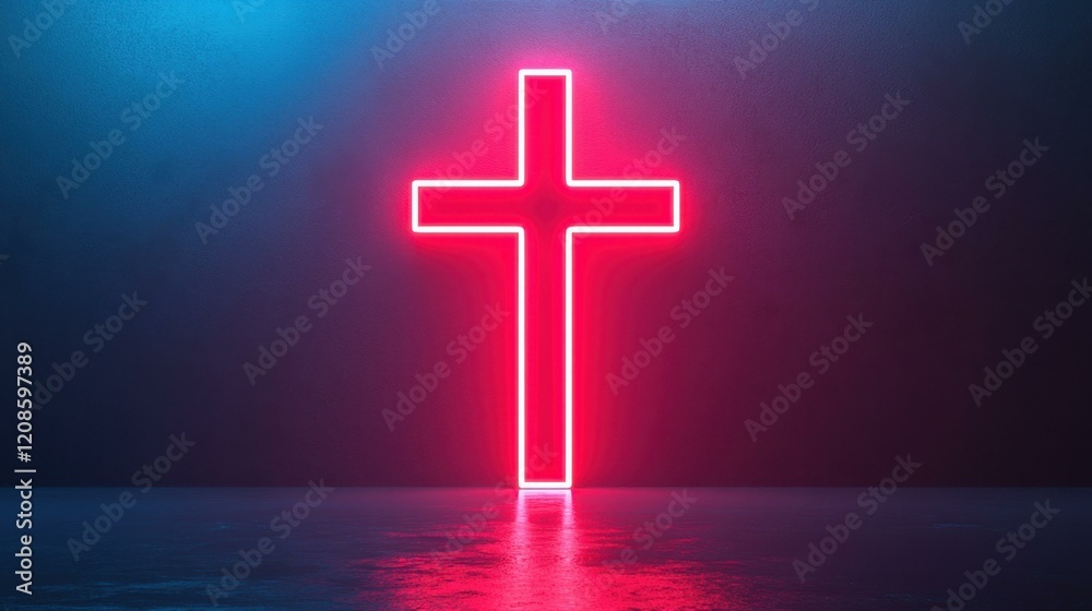 Illuminated neon cross glowing in pink against dark background, casting reflections on wet surface, symbolizing faith, spirituality, and hope in modern design, promoting religious themes, copy space Illuminated neon cross glowing in pink against dark background, casting reflections on wet surface, symbolizing faith, spirituality, and hope in modern design, promoting religious themes, copy space