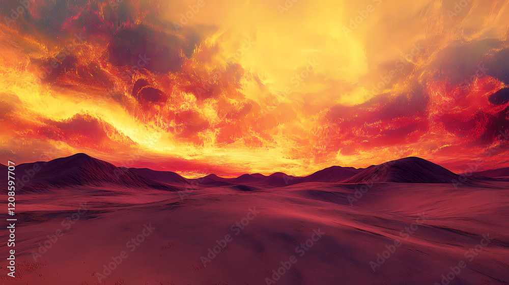 Fototapeta premium Skies of golden amber and fiery pink highlight desert silhouettes., generative ai. Amber Dunes. Illustration