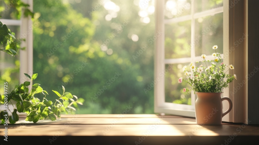 Fototapeta premium Sunlit window with daisies in a pot, green plants, and blurred garden background.