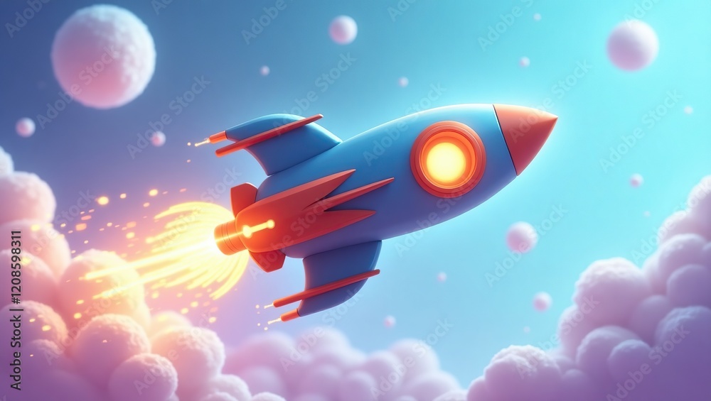 Obraz premium Cartoon Rocket Soaring Through Fluffy Clouds