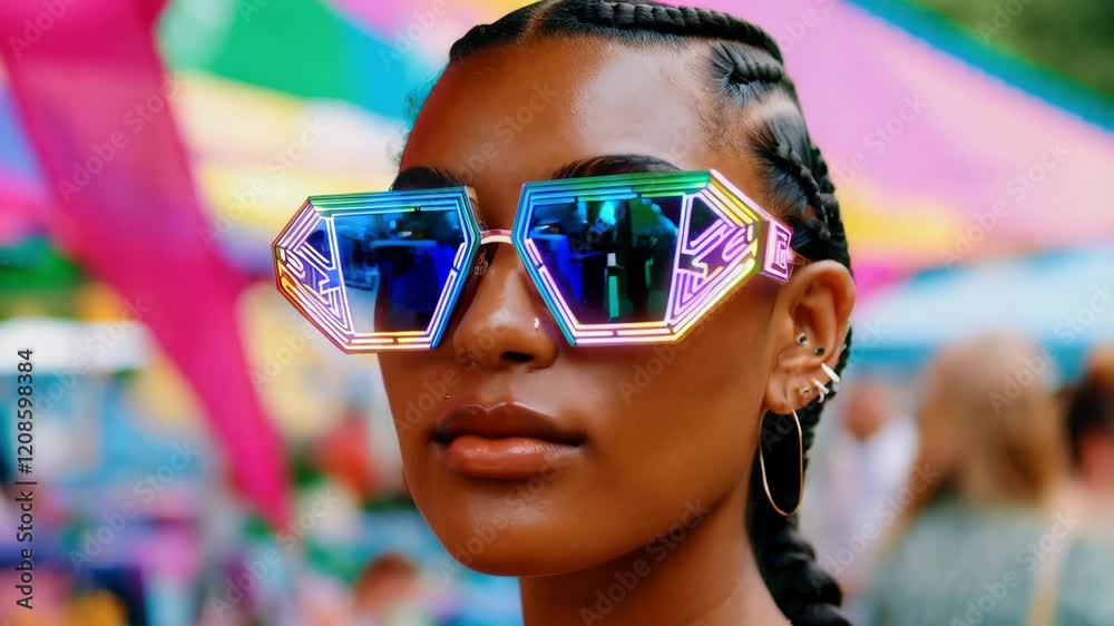 Futuristic eyewear creating vibrant scene at outdoor music festival, capturing moment of youthful energy with blurred colorful background