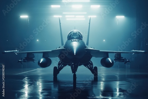 Aircraft Parked in Dimly Lit Industrial Hangar with Raw Aesthetic, Showcasing Aerodynamic Design and Stealth Features Against a Moody Background
