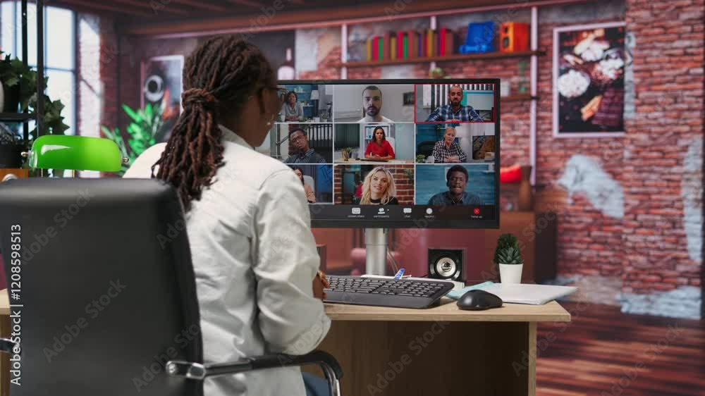 Remote employee in home office saluting colleagues during online videocall, looking at PC screen. Businesswoman in apartment greeting team members during videoconference meeting, camera B