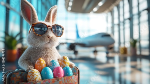 Cool easter bunny with sunglasses and colorful eggs at the airport for holiday fun