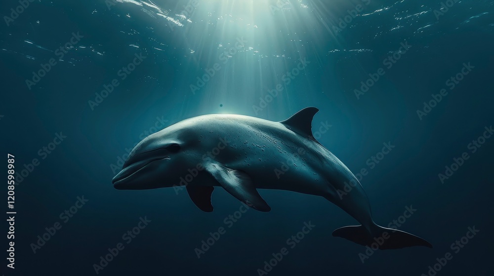 Fototapeta premium A graceful dolphin swimming in deep blue water, illuminated by sunlight filtering through the surface