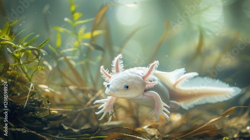 An axolotl gracefully swims through a lush underwater environment, surrounded by vibrant aquatic plants photo