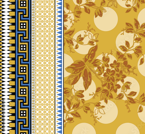 Geometric Floral Border , redefined with floral and paisley accents, ideal for elegant wallpapers and fabric collections.