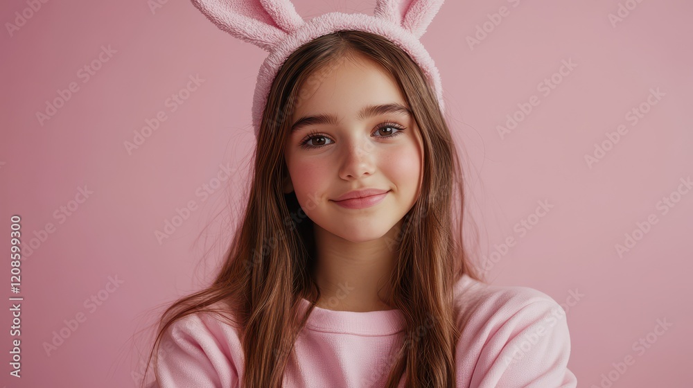 Young girl celebrating easter in bunny ears on pink background Young girl celebrating easter in bunny ears on pink background