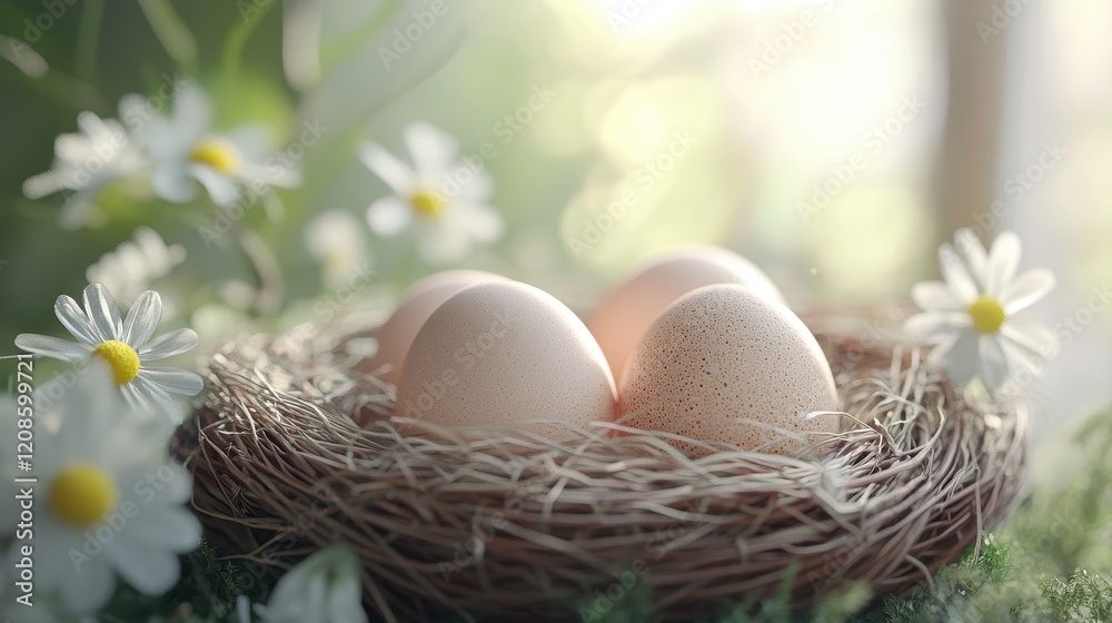 Ultra realistic easter eggs in nest with daisies and natural sunlight Ultra realistic easter eggs in nest with daisies and natural sunlight