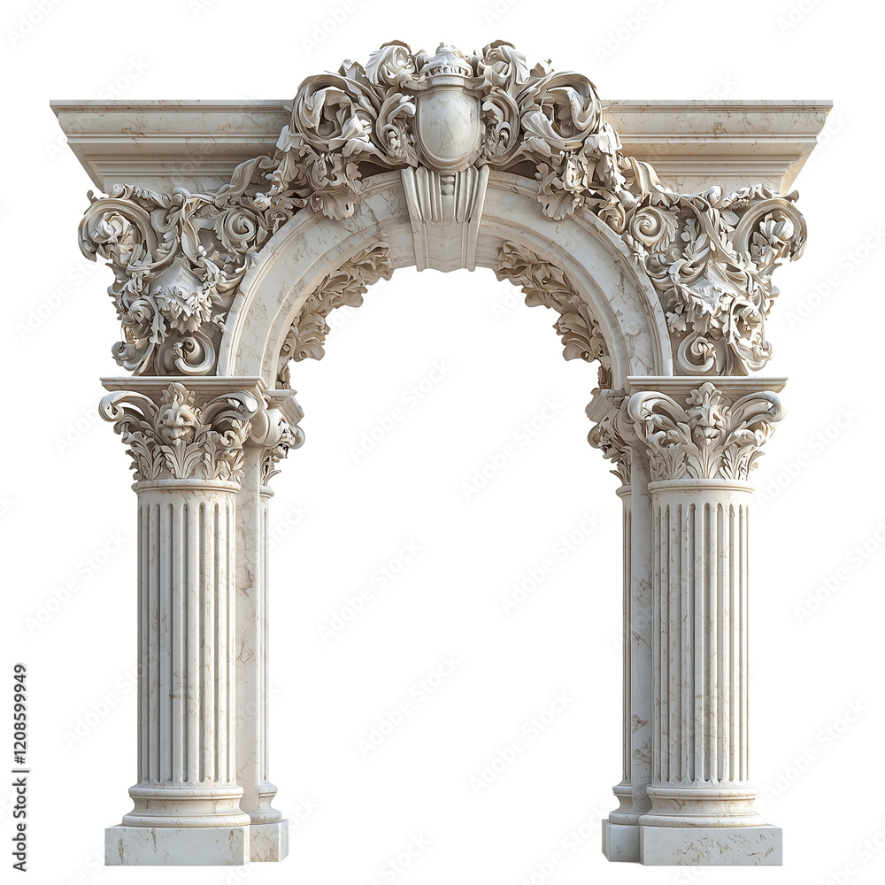 Obraz premium Classic column arch with detailed carvings and a timeless architectural style ideal for historical and ceremonial themes isolated on transparent background, png
