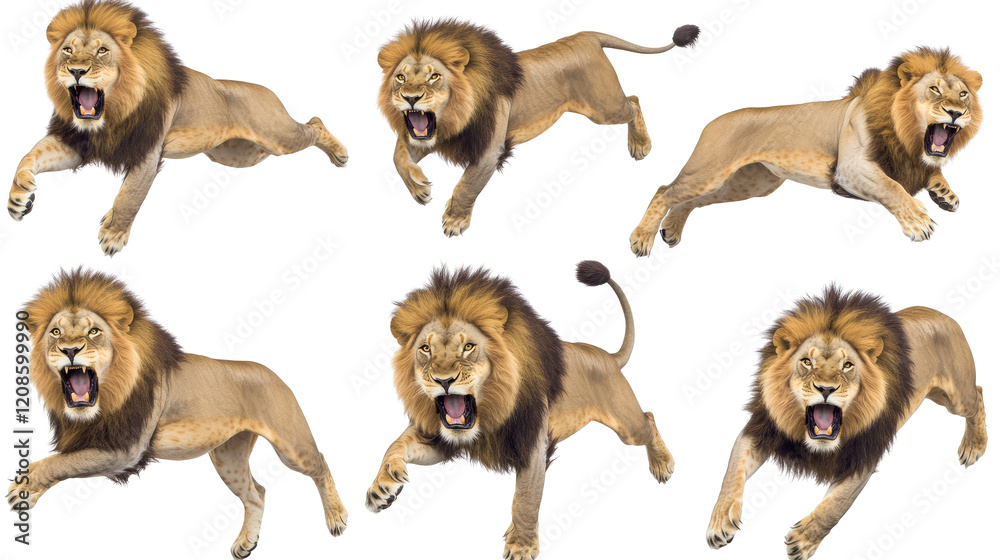 Obraz premium Male Lions Mid Leap With Mouths Wide Open Generative AI