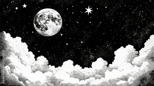 Vintage celestial scene with moon, stars, and clouds in night sky