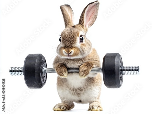 A bunny exercising with dumbbells, standing on a white background