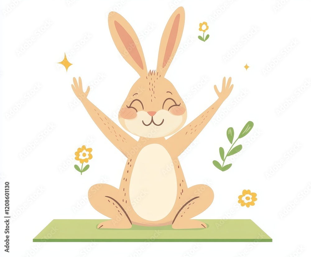 Fototapeta premium A Modern Illustration of a Funny Hare Animal Practicing Asana and Stretching on a Yoga Mat