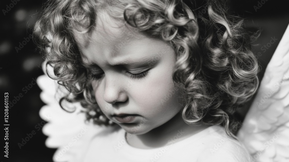 Fototapeta premium Curly-haired child with angel wings displays a thoughtful expression in a serene outdoor setting during daylight