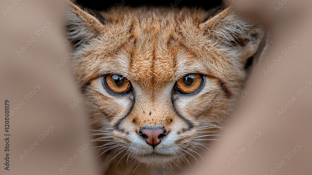Obraz premium Sand cat portrait, intense gaze, desert habitat, wildlife photography, nature conservation