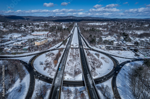 Fotografie Aerial view of rotary and interstate 91 in winter
-Greenfield, Massachusetts