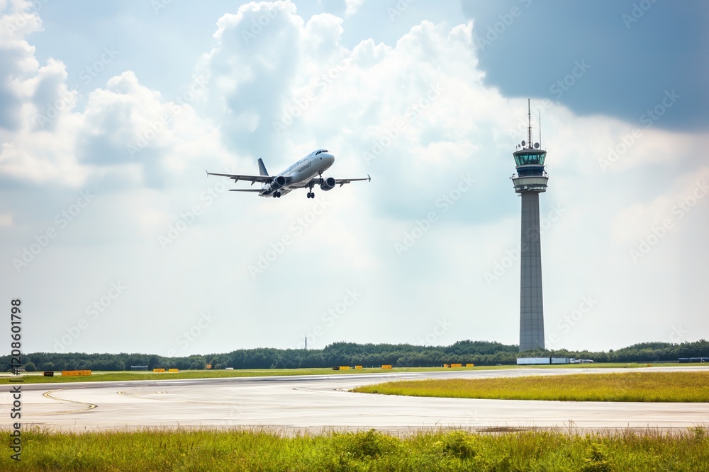 Fototapeta premium Airplane takes off in front of control tower under a cloudy sky with faded colors