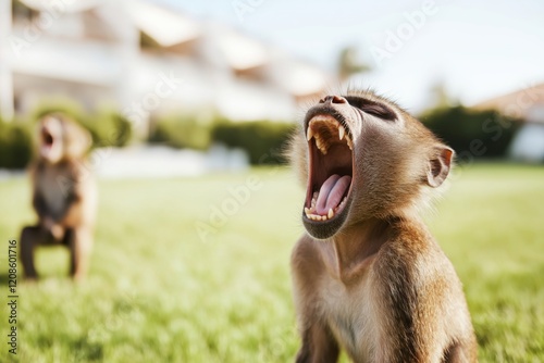 Pair of astonished hamadryas baboons displaying their surprise in a lush green environment