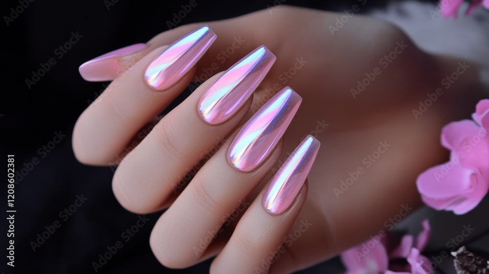 Nail art display featuring long pink iridescent nails with floral accents in a soft light environment Nail art display featuring long pink iridescent nails with floral accents in a soft light environment