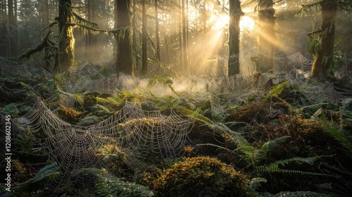 Sunbeams illuminate a misty forest floor with dew-covered spiderwebs.
