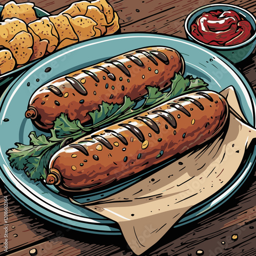 grilled sausage leaves vector art for graphic design 