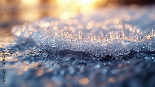 Close-up of delicate ice crystals forming intricate patterns on a frosty window pane. 403
