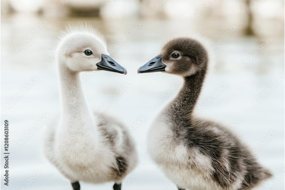 Two baby swans playfully interacting by the serene lake under soft, faded colors Two baby swans playfully interacting by the serene lake under soft, faded colors