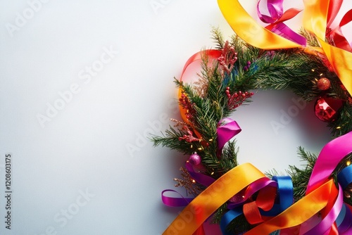 Vibrant Christmas Wreath with Colorful Ribbons photo