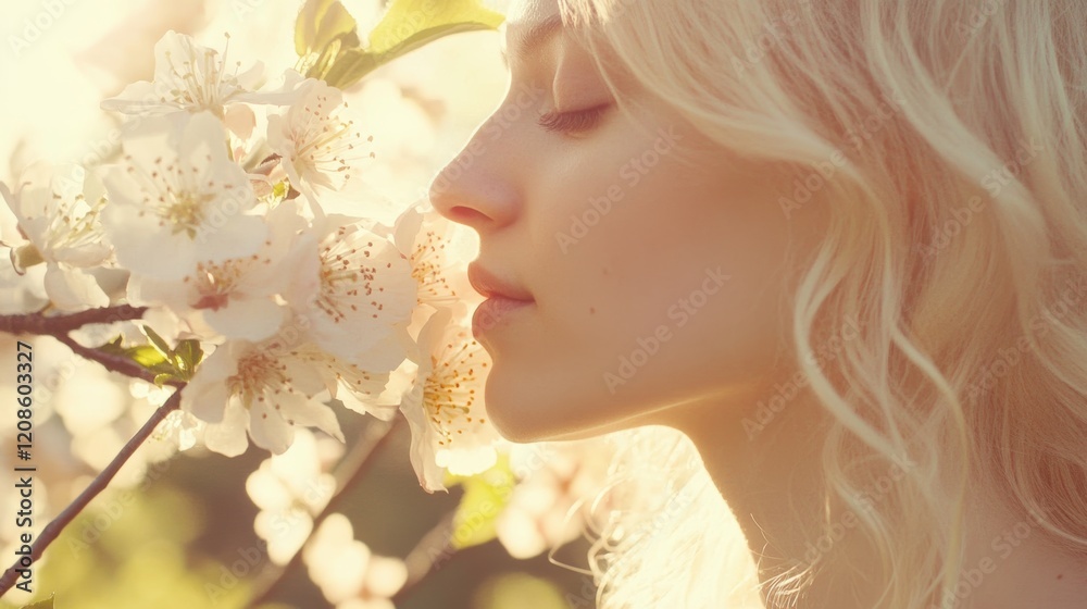 Blonde woman smelling cherry blossoms in a sunlit garden during spring season, capturing the essence of nature and tranquility Blonde woman smelling cherry blossoms in a sunlit garden during spring season, capturing the essence of nature and tranquility