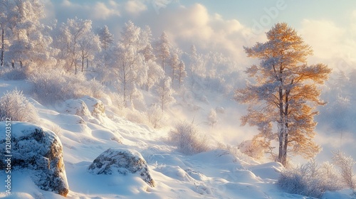 A cold, frosty landscape with textured snow and ice formations covering rocks and trees. 487