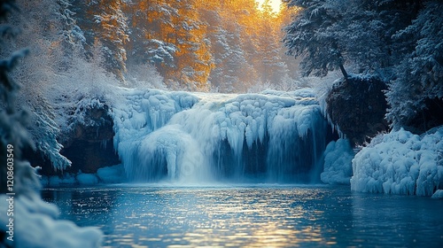 Frozen waterfalls with cascading icy textures, creating a frosty, layered effect in the winter light. 494