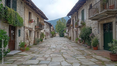 Cobblestone street in Italian village, mountain backdrop. Travel brochure, tourism