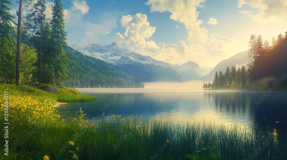 Naklejka premium Serene mountain lake at sunrise with lush forest and wildflowers
