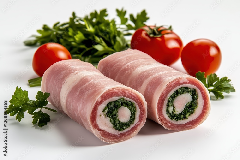 Freshly Prepared Meat Rolls with Green Interior and Juicy Tomatoes Surrounded by Vibrant Green Herb Garnish on a Clean White Surface Freshly Prepared Meat Rolls with Green Interior and Juicy Tomatoes Surrounded by Vibrant Green Herb Garnish on a Clean White Surface