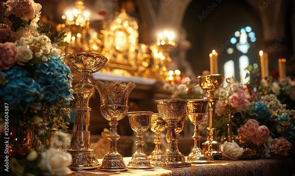 Ornate golden chalices, candles, and flowers. Ornate golden chalices, candles, and flowers.