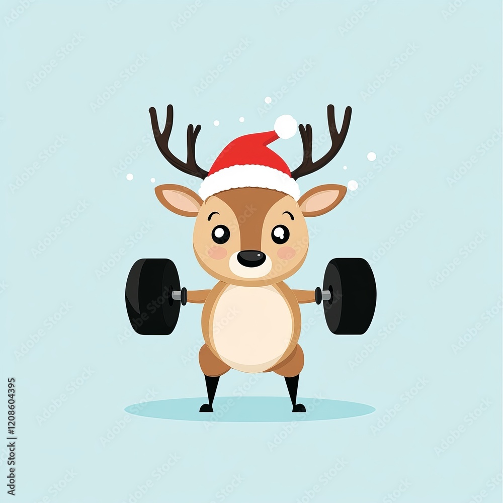 Fototapeta premium A modern cartoon depiction of a Christmas reindeer performing dumbbell exercises for design purposes