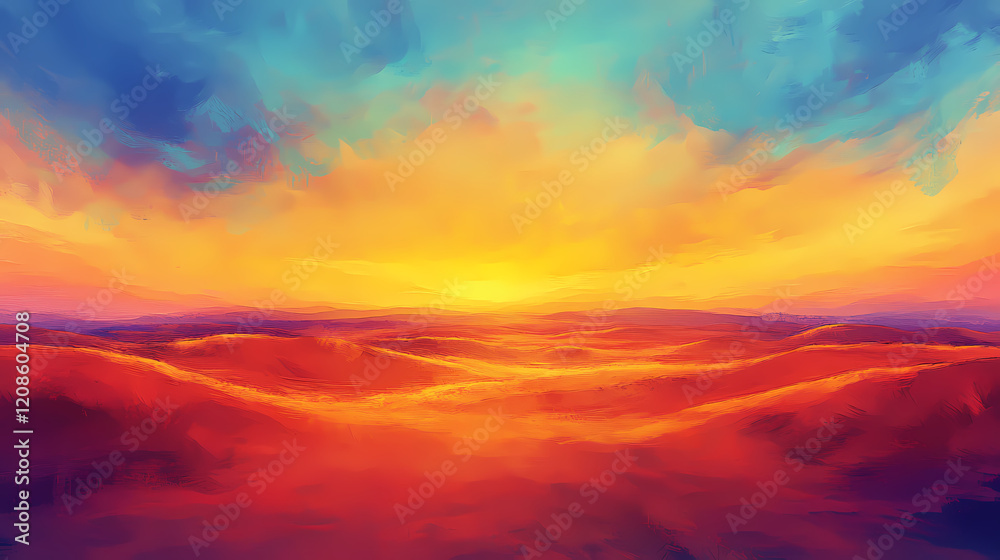 Fototapeta premium Breathtaking sunset illuminating lush vibrant desert sand dunes under majestic colorful sky exquisite gradients soft texture, orange, red, yellow, landscape. Amber Dunes. Illustration