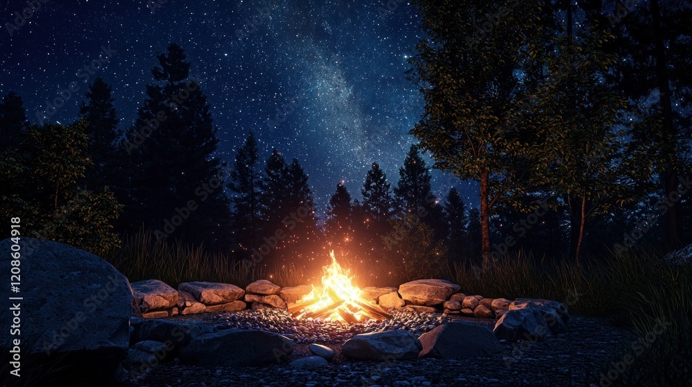 Campfire under a starry night sky in a forest. Campfire under a starry night sky in a forest.
