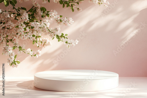 Showcase of a round display against a backdrop of delicate roses in soft pink hues