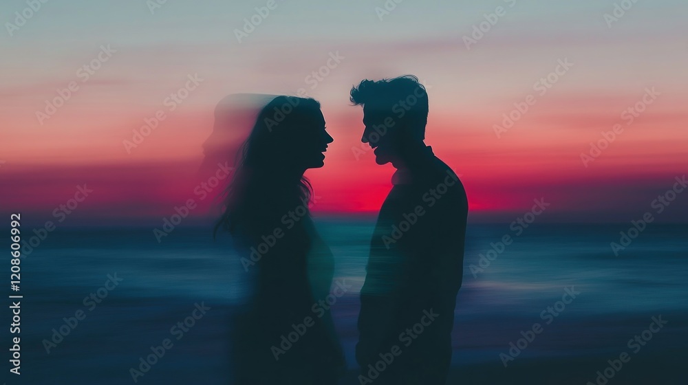 Silhouetted couple against a colorful sunset by the beach. Silhouetted couple against a colorful sunset by the beach.