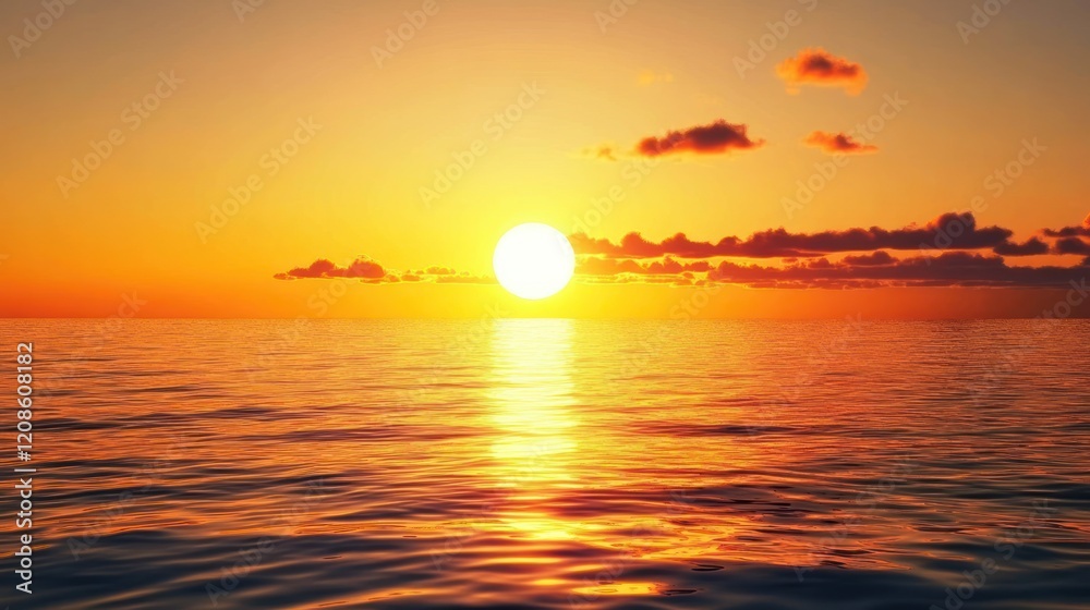 Naklejka premium Golden Hour at Sea: A Serene Sunset Over the Ocean with Reflective Waters