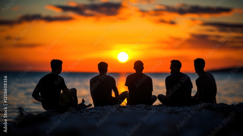 Silhouetted friends watching a sunset by the water, capturing a moment of connection and tranquility. Silhouetted friends watching a sunset by the water, capturing a moment of connection and tranquility.