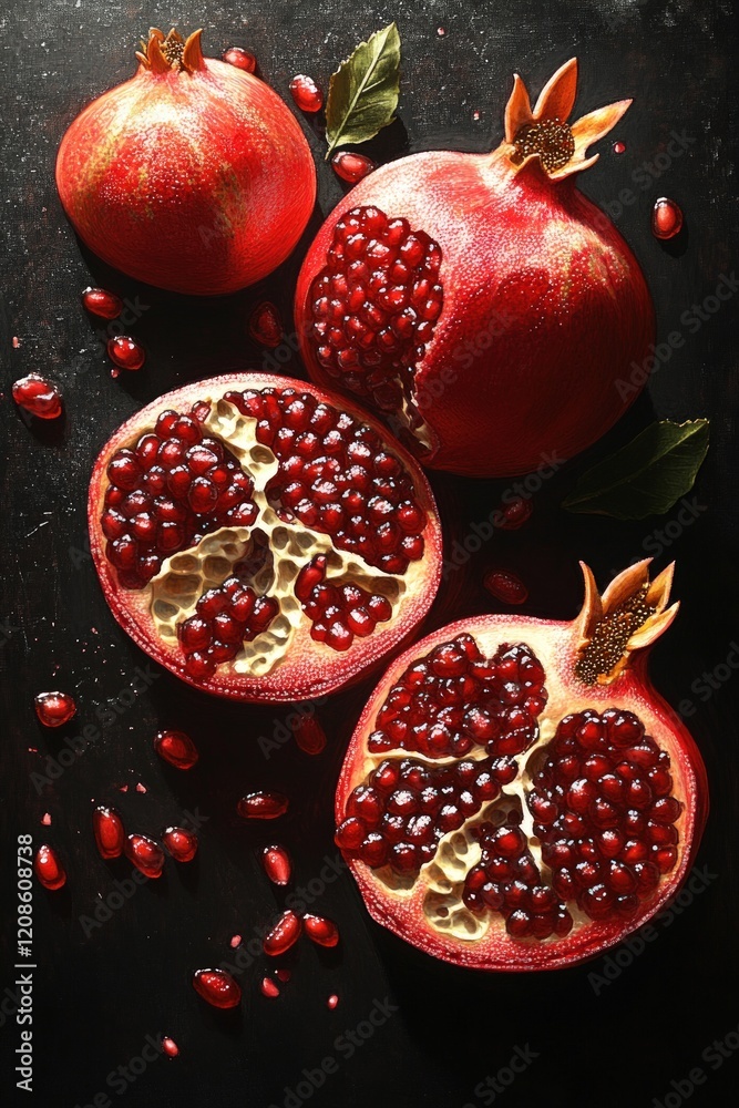 Juicy pomegranates, seeds scattered, dark background. Juicy pomegranates, seeds scattered, dark background.