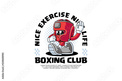 boxing helmet headgear protection retro cartoon character mascot illustration with walking pose and showing ok hand for boxing training fighter fitness sport club mascots and merchandise