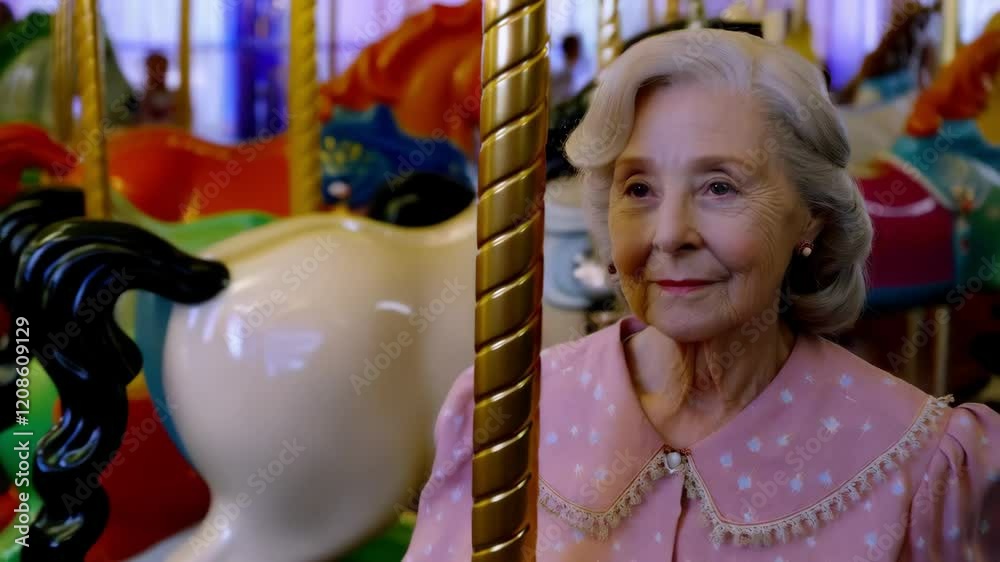 Serene senior woman experiencing nostalgic carousel moment, radiating joy while gently riding vintage merry go round horses