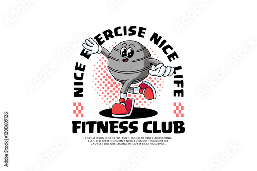gym ball, stability balls, fit ball fitness retro cartoon character mascot illustration with dancing and flying pose for fitness gym bodybuilding sport club mascots and merchandise